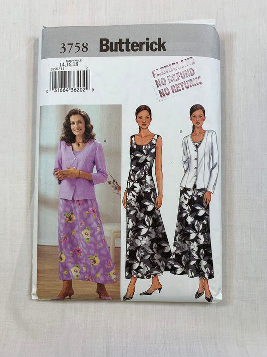 Butterick Sewing Pattern 3758 Misses' Petite Jacket, Dress, Button Front, Sleeveless, Long Sleeves, Unlined, Princess Seams, Size 14-18, Uncut