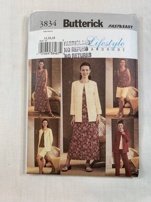 Butterick Sewing Pattern 3834 Misses'/Misses' Petite Jacket, Top, Dress, Shorts, Pants, Button Front, Sleeveless, Side Slit, Pockets, Size14-18, Uncut, 2003