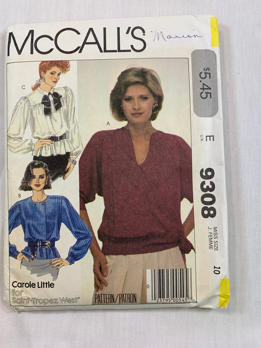 McCall's 9308 Misses' Tops, Size 4-10, Uncut, Vintage 1999