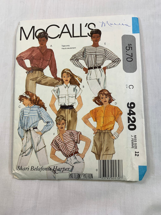 McCall's 9420 Misses' Shirts, Size 12, Uncut, Vintage 1985