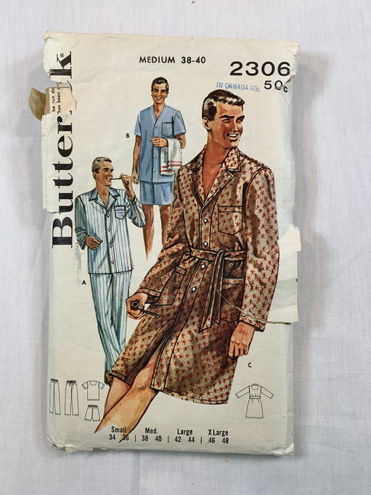 Butterick Sewing Pattern 2306 Men's Robe, Shorts, Top, Pants, Pajamas, Size 38-40, Cut, Vintage 1970