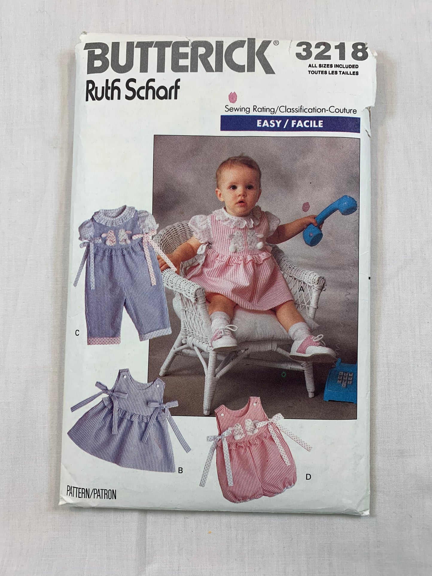 Butterick Sewing Pattern 3218 Baby/Infant Jumper, Romper, Overalls, Blouse, Applique Size S-XL, Cut, Vintage 1989