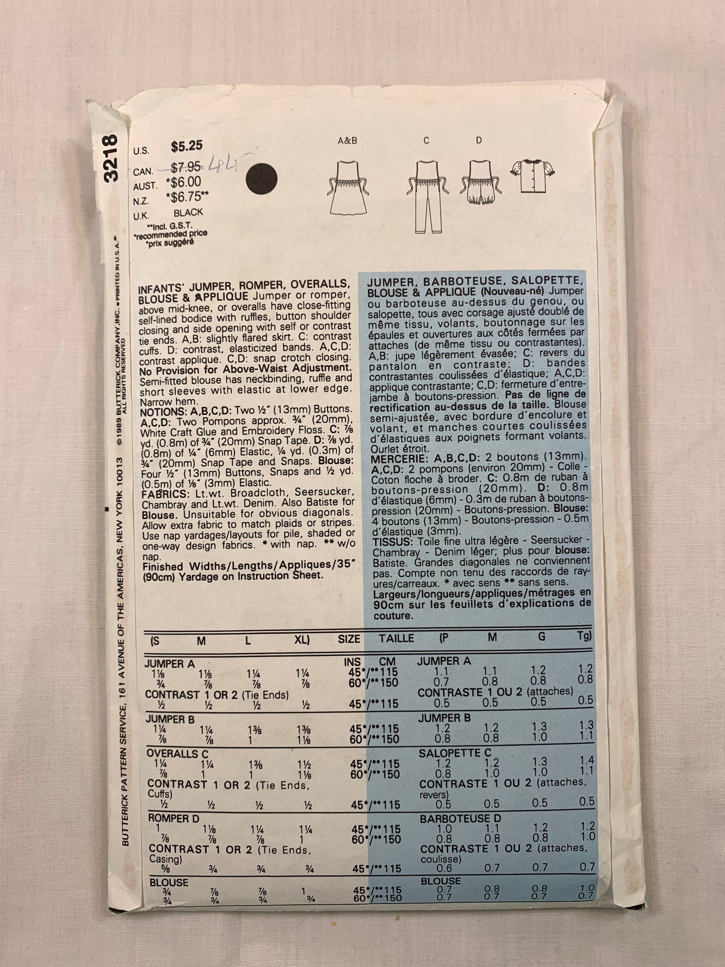 Butterick Sewing Pattern 3218 Baby/Infant Jumper, Romper, Overalls, Blouse, Applique Size S-XL, Cut, Vintage 1989