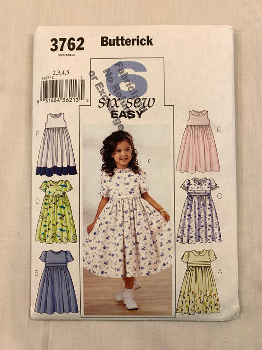 Butterick Sewing Pattern 3762 Girls' Dress, High Waist, Gathered Bodice, Short Sleeves, Sleeveless, Collar, Zipper Back, Size 2-5, Cut, 2003