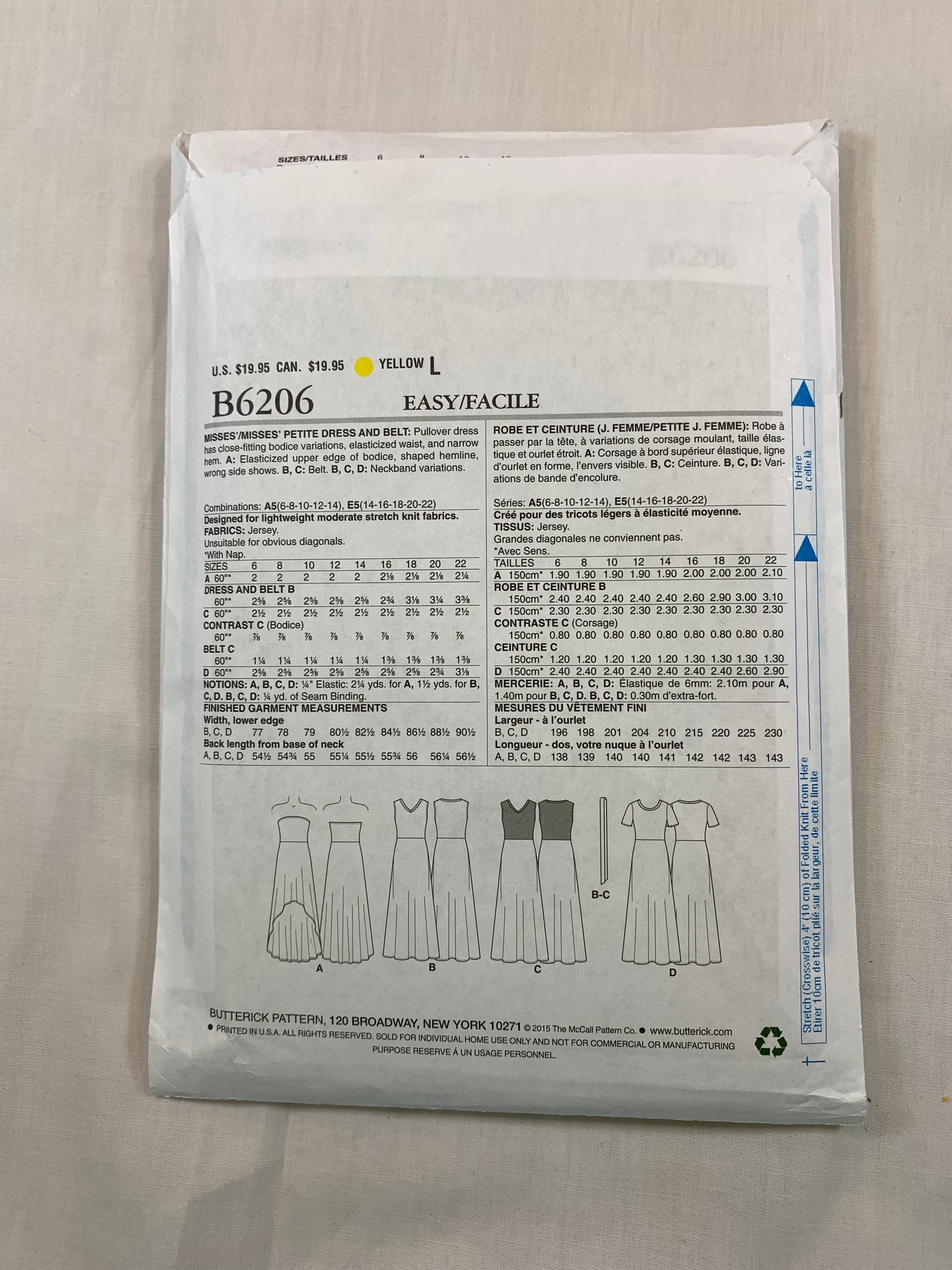 Butterick B6206 Misses'/Misses' Petite Dress, Belt, Size 6-12, Cut, 2015
