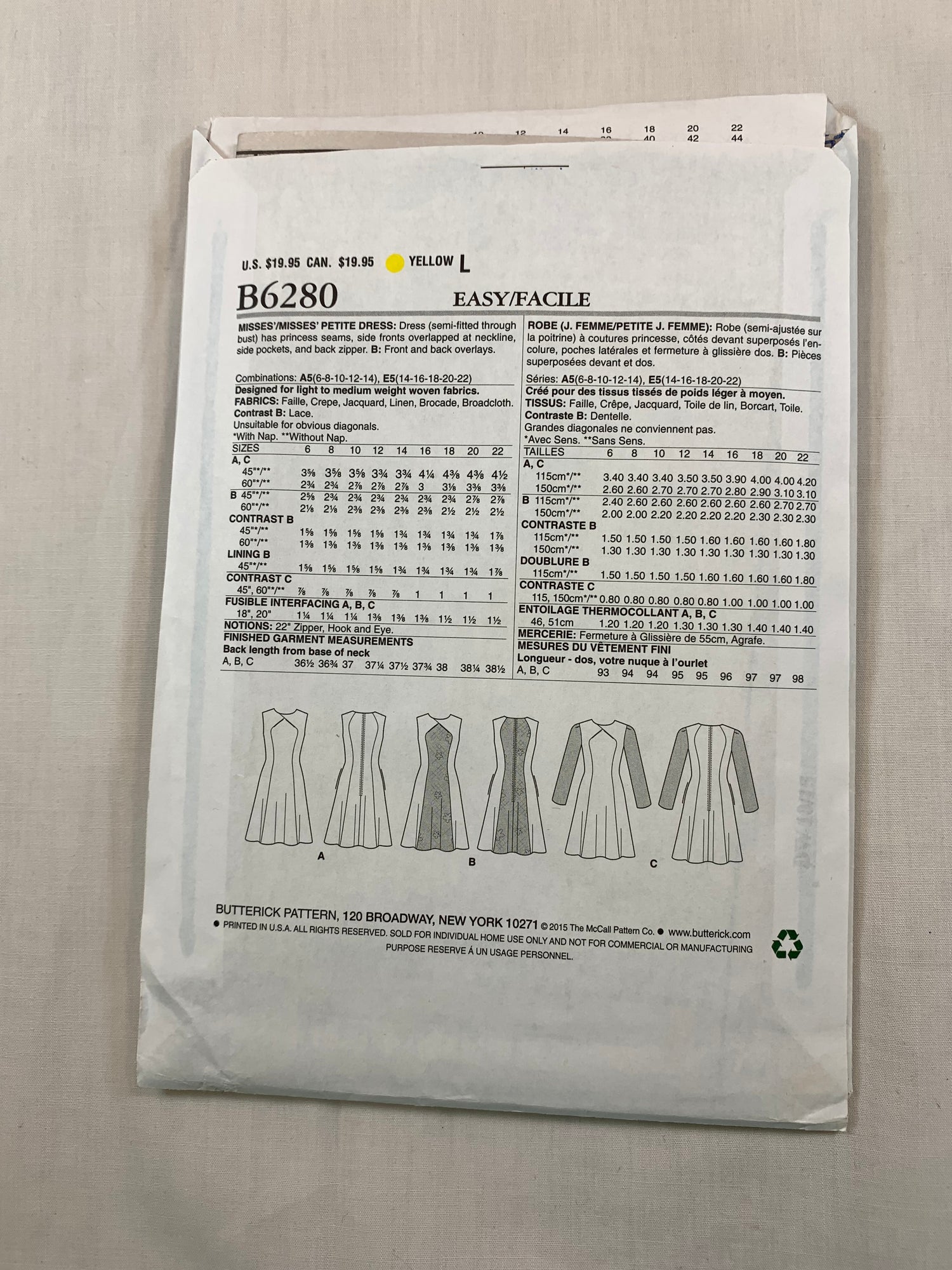 Butterick B6280 Misses'/Misses' Petite Dress Size 6-12, Cut, 2015