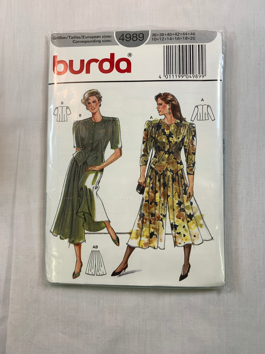 Burda Sewing Pattern 4989 Misses' Pantskirt, Blouse, Long/Short Sleeves, Size 10-18, Cut, Vintage 1980