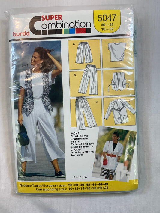 Burda Sewing Pattern 5047 Misses' Pants, Top, Jacket, Culottes, Vest, Pockets, Elastic Waist, Pullover, Wide Leg, Size 10-20, Cut, Vintage 1990