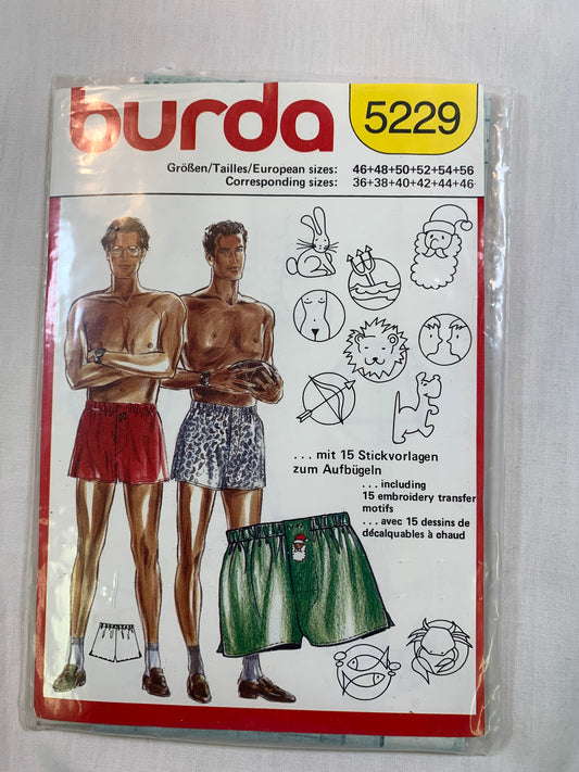Burda Sewing Pattern 5229 Men's Undershorts, Boxers, Embroidery Transfers, Elastic Waist, Size 36-44, Cut, Vintage 1989