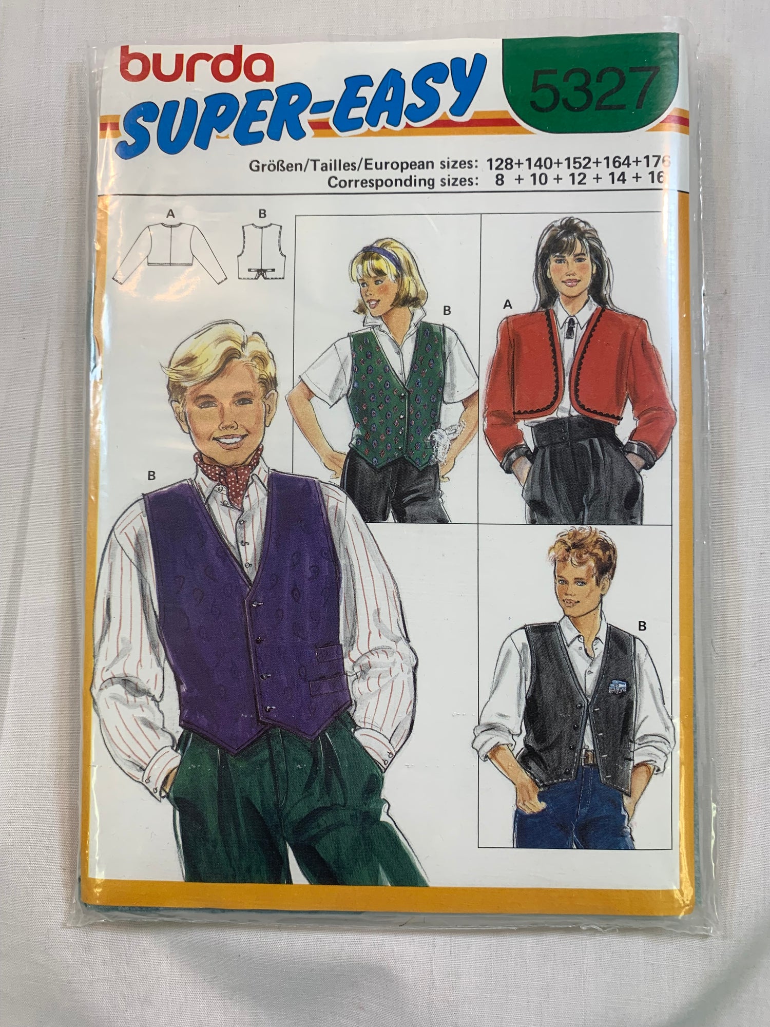 Burda Sewing Pattern 5327 Girls' Boy's Vest, Sleeveless, Long Sleeves, Button Front, Pockets, Size 8-12, Cut, Vintage 1990