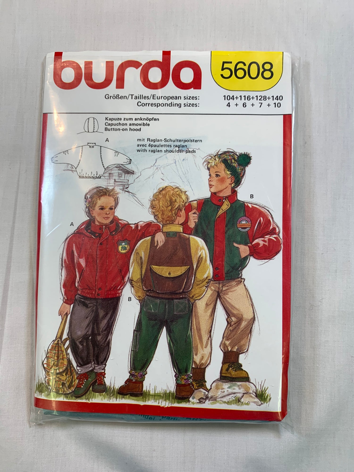 Burda Sewing Pattern 5608 Boy's Coat, Elastic Waist, Hood, Zipper Front, Pockets, Size 4-10, Cut, Vintage 1995
