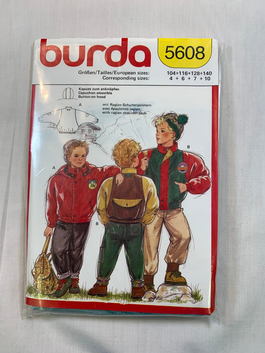 Burda Sewing Pattern 5608 Boy's Coat, Hood, Long Raglan Sleeves, Elastic Waist, Zipper Front, Size 4-10, Cut, Vintage 1989