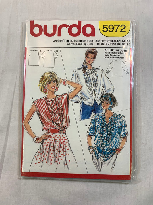Burda Sewing Pattern 5972 Misses' Blouse, Top, Long/Short Sleeves, Button Front, 3 Variations, Sleeveless, Size 8-16, Cut, 2000