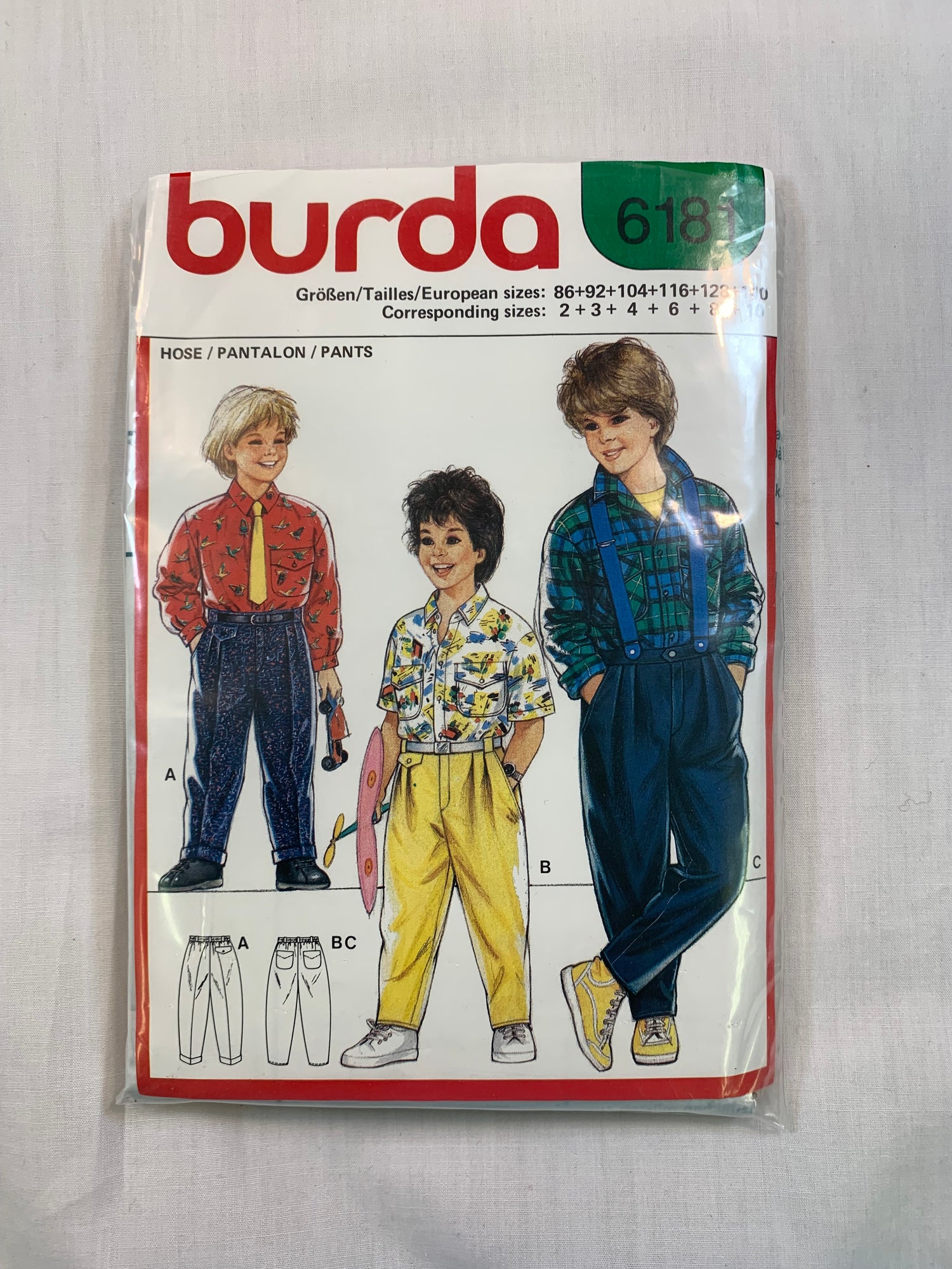Burda Sewing Pattern 6181 Boy's Pants, Elastic Waist, Loose-Fitting, Pockets, Two Variations, Size 2-10, Cut, Vintage 1980's