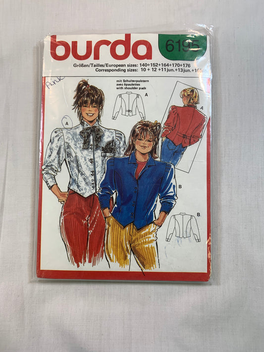 Burda Sewing Pattern 6195 Misses' Blouse, Long Sleeves, Button Front, Tie Back, Collar,Size 10-15, Cut, Vintage 1998
