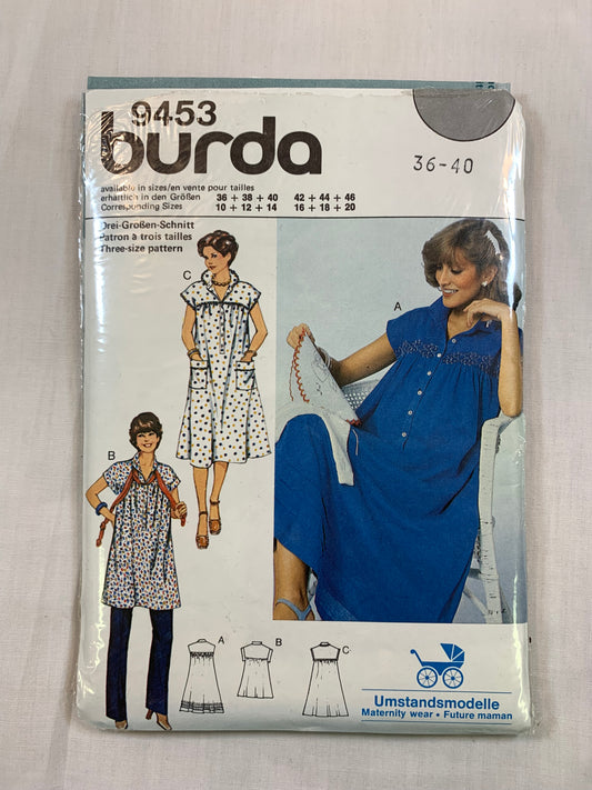 Burda Sewing Pattern 9453 Misses' Maternity Dress, Top, Short Sleeves, Pockets, Button Front, Size 10-14, Cut, Vintage 1980's