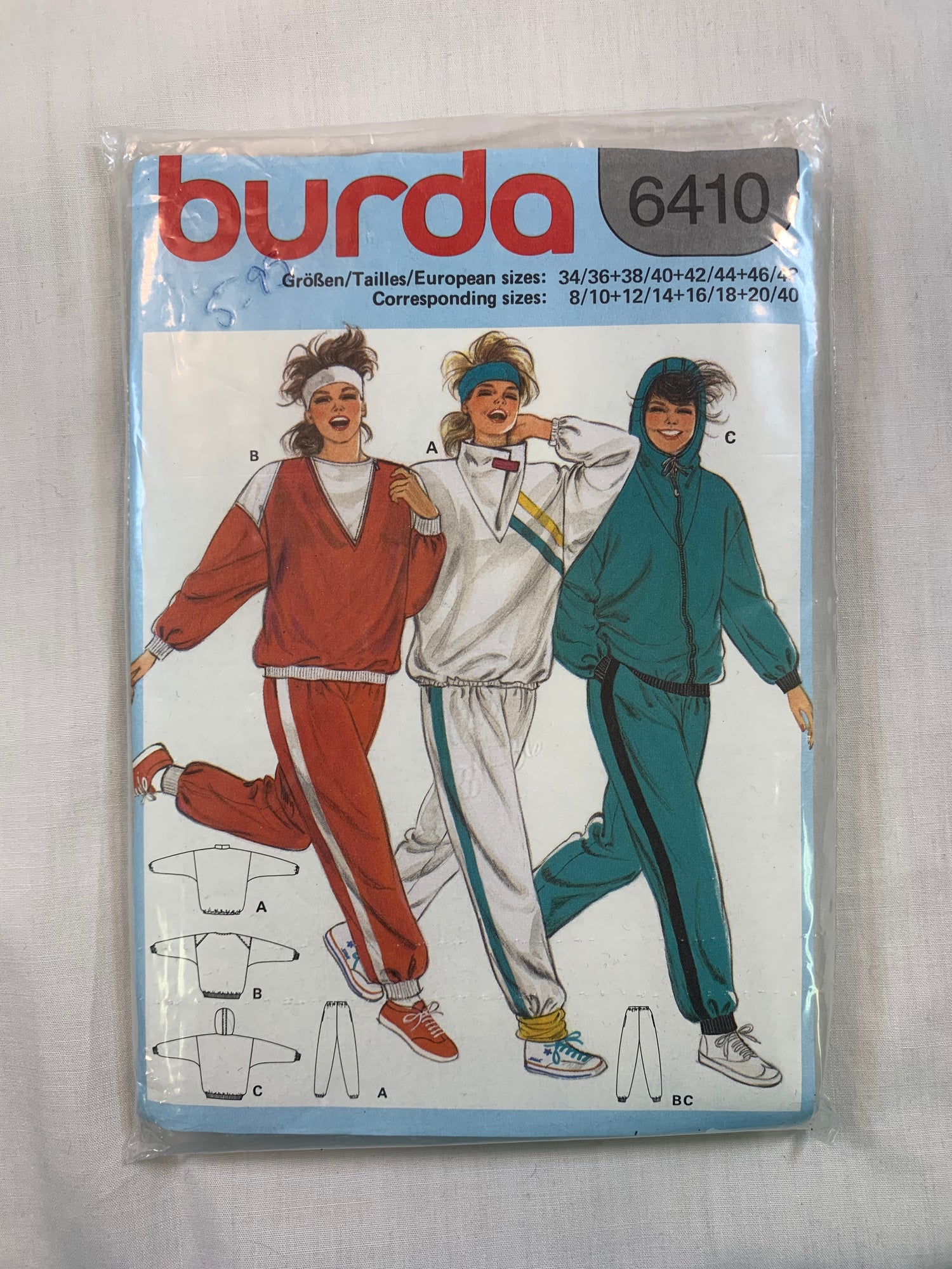 Burda Sewing Pattern 6410 Misses' Sweatsuit, Jogging Suit, Top, Pants, Zipper Front, Hood, Elastic Waist, Long Sleeves, Size 8-10, Cut, Vintage 1989