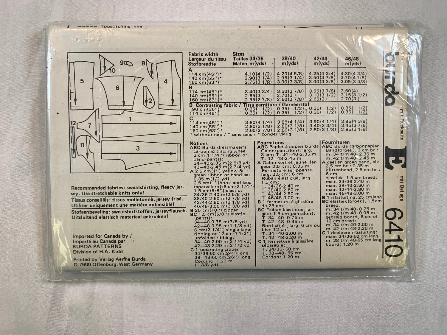 Burda Sewing Pattern 6410 Misses' Sweatsuit, Jogging Suit, Top, Pants, Zipper Front, Hood, Elastic Waist, Long Sleeves, Size 8-10, Cut, Vintage 1989