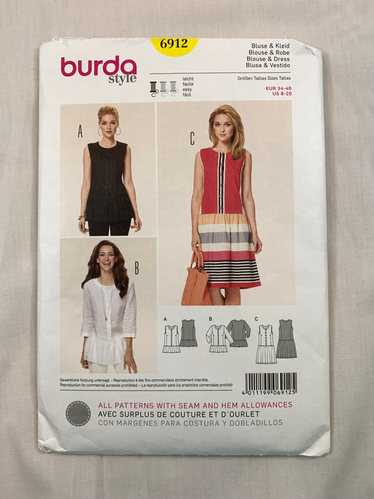 Burda Sewing Pattern 6912 Misses' Dress, Top, Two Lengths, Sleeveless, Long Sleeves, Button Front, Size 8-14, Cut, 2012