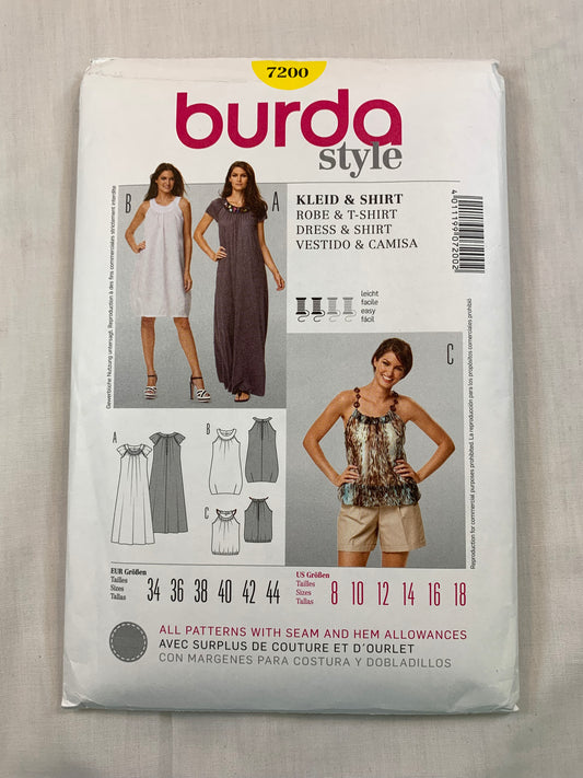 Burda Sewing Pattern 7200 Misses' Dress, Top, Two Lengths, 3 Variations, Sleeveless, Loose-Fitting, Size 8-12, Cut, 2014