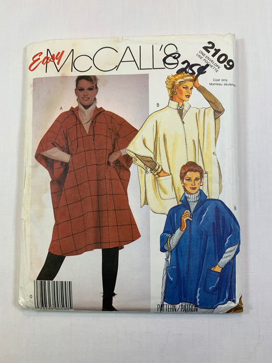 McCall's 2109 Misses' Poncho, Size 6-20, Cut, Vintage 1985