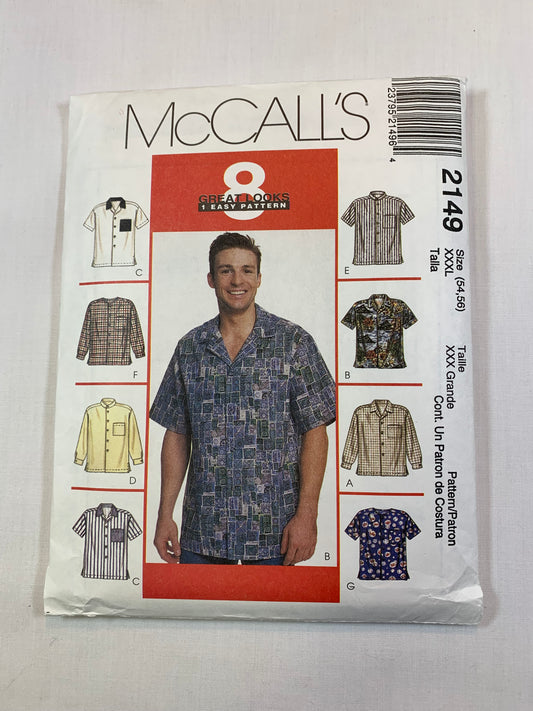 McCall's 2149 Men's Shirt, Size 54-56, Cut, Vintage 1999