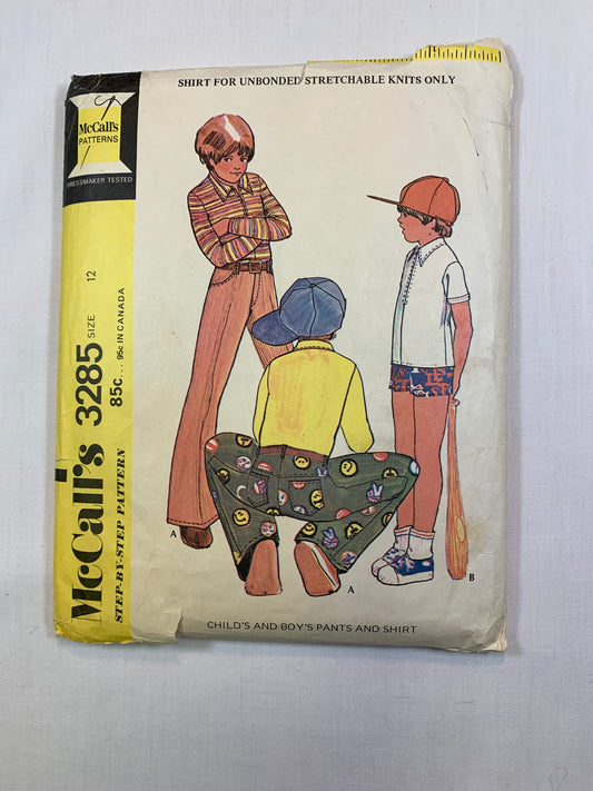 McCall's 3285 Boys' Shirt, Tops, Pants, Shorts, Size 12, Cut, Vintage 1972