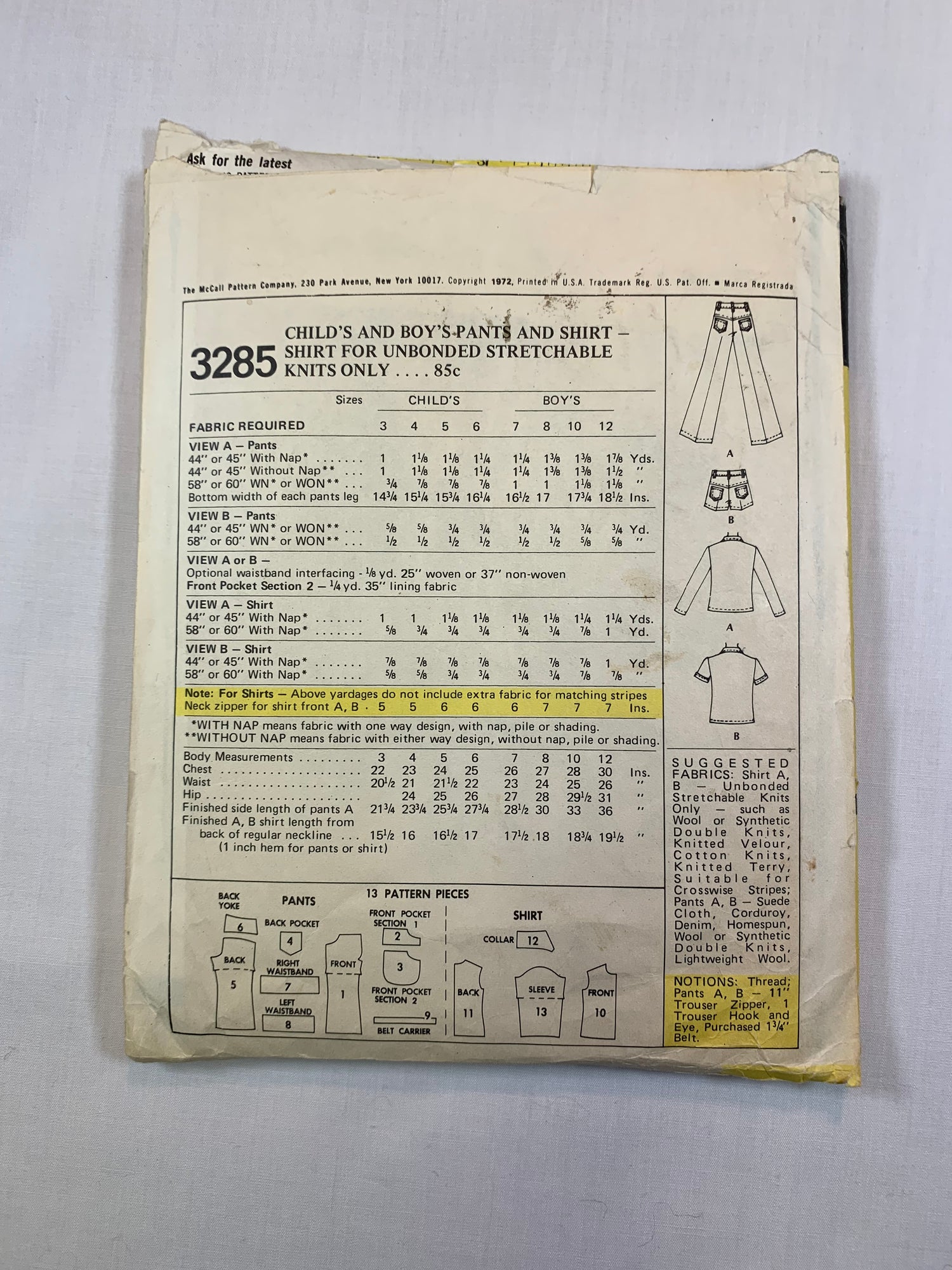 McCall's 3285 Boys' Shirt, Tops, Pants, Shorts, Size 12, Cut, Vintage 1972
