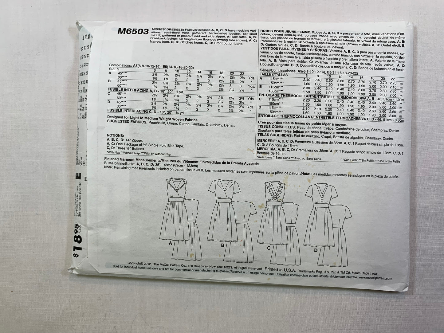 McCall's M6503 Misses' Dresses. Size 6-14, Cut, 2012