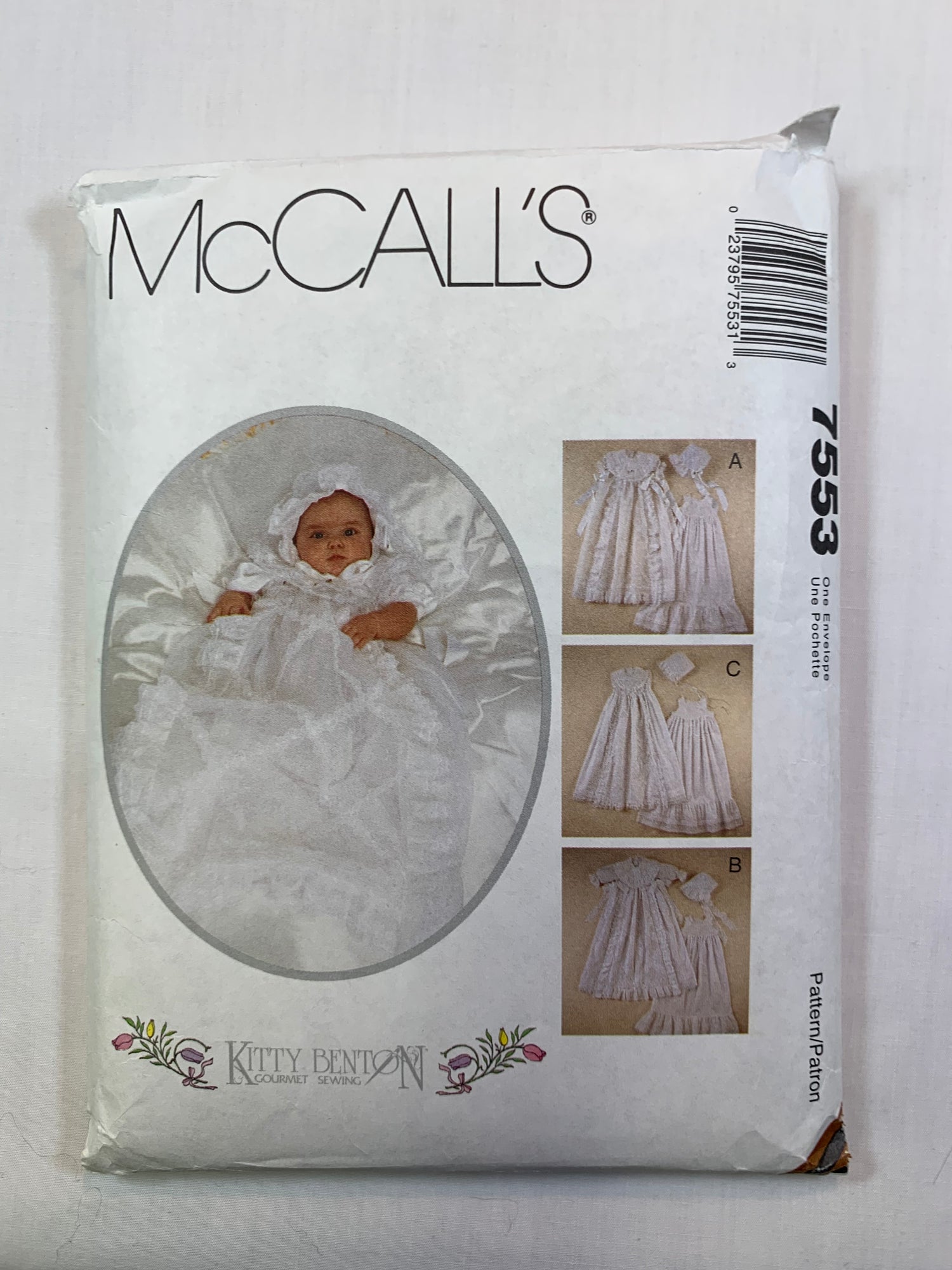 McCall's 7553 Infants' Christening Gown, Slip, Bonnet, Size 7-18 Pounds., Cut, Vintage 1996