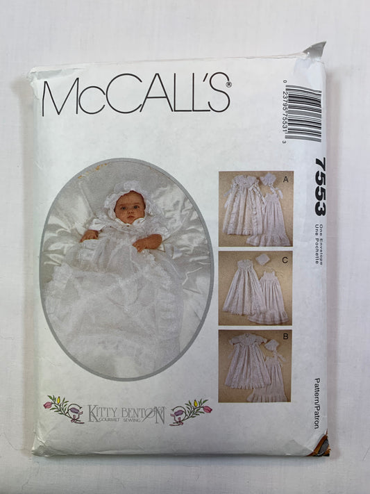 McCall's 7553 Infants' Christening Gown, Slip, Bonnet, Size 7-18 Pounds., Cut, Vintage 1996