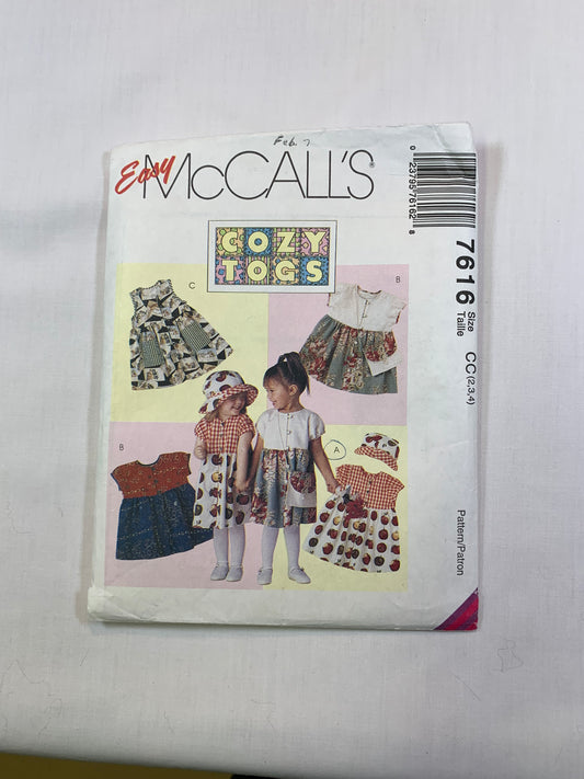 McCall's Sewing Pattern 7616 Girls' Dress, Purse, Hat, Button Front, Short Sleeves, Sleeveless, High Waist, Size 2, Cut, Vintage 1996