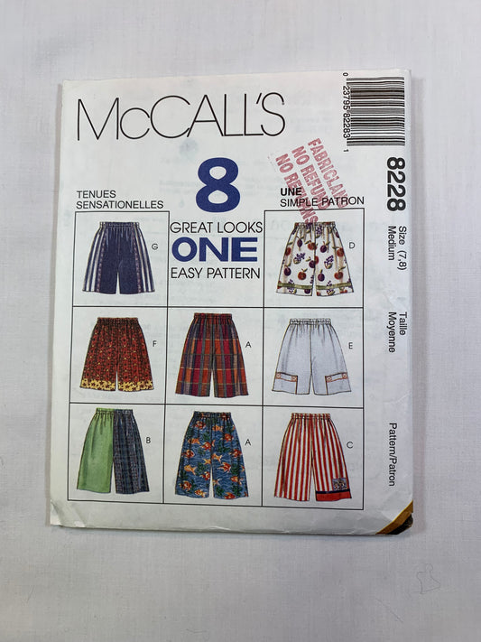 McCall's 8228 Girls' Boy's Shorts, Size 7-8, Cut, Vintage 1996
