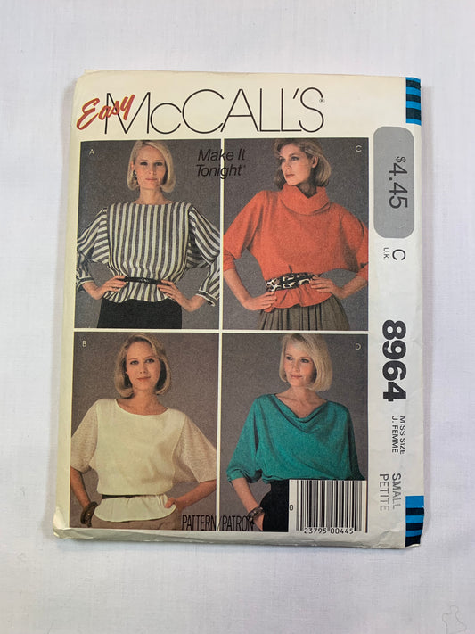 McCall's 8964 Misses' Tops, Size 10-12, Cut, Vintage 1984