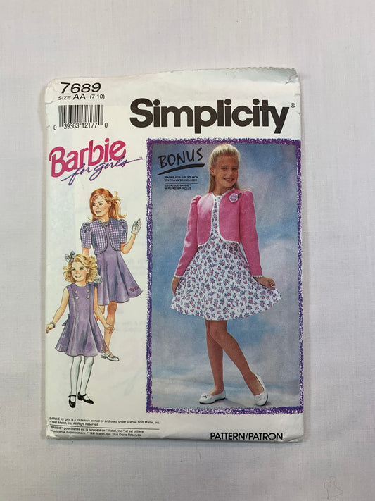 Simplicity Barbie 7689 Girls' Dress, Jacket, Size 7-10, Cut
