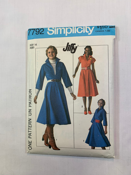 Simplicity 7792 Jiffy Misses' Dress, Size 14, Cut, Vintage 1976
