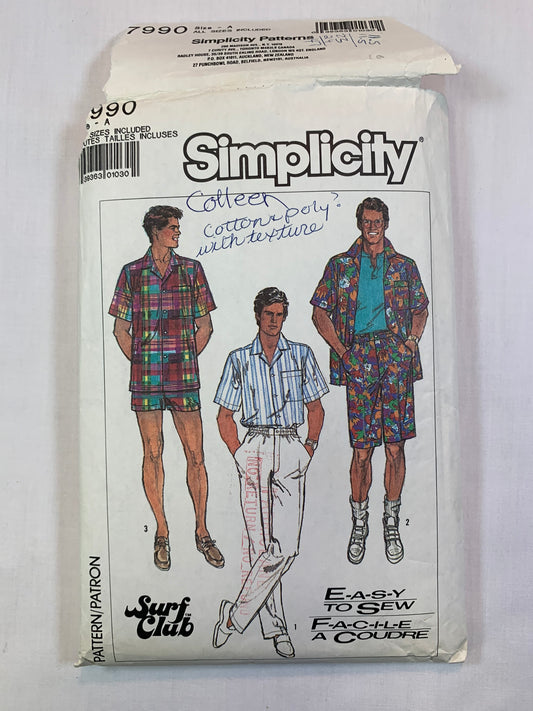 Simplicity 7990, Men's Pants, Short, Shirt, Size 46-48, Cut, Vintage 1987