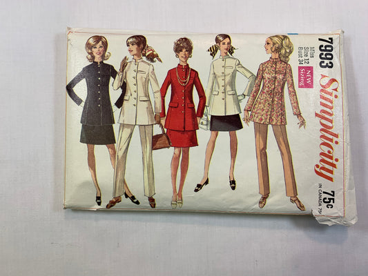 Simplicity 7993 Misses' Juniors' Nehru Jacket, Skirt, Pants, Size 12, Cut, Vintage 1968