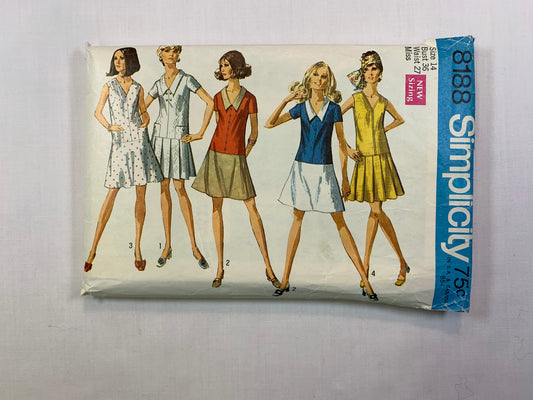 Simplicity 8188 Misses' Dress, Skirt, Size 14, Cut, Vintage 1969