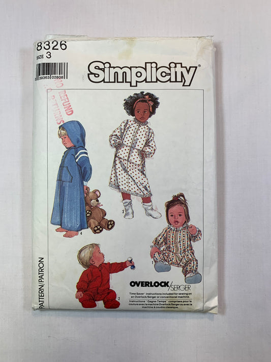 Simplicity 8326, Toddlers' Robe, Sleepers, Size 3, Cut, Vintage 1987