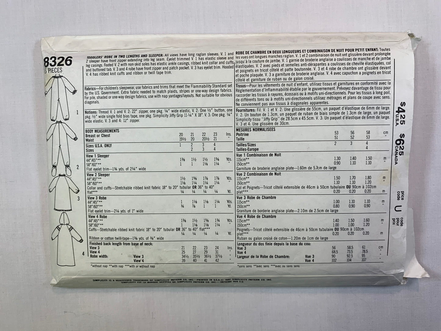 Simplicity 8326, Toddlers' Robe, Sleepers, Size 3, Cut, Vintage 1987