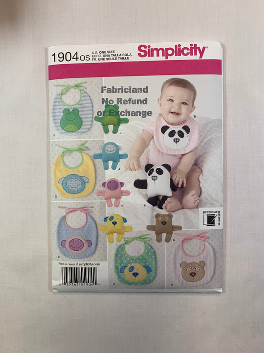 Simplicity Sewing Pattern 1904 Infants' Baby Bibs, 6 1/2" Stuffed Animals, Newborn, Uncut, 2012