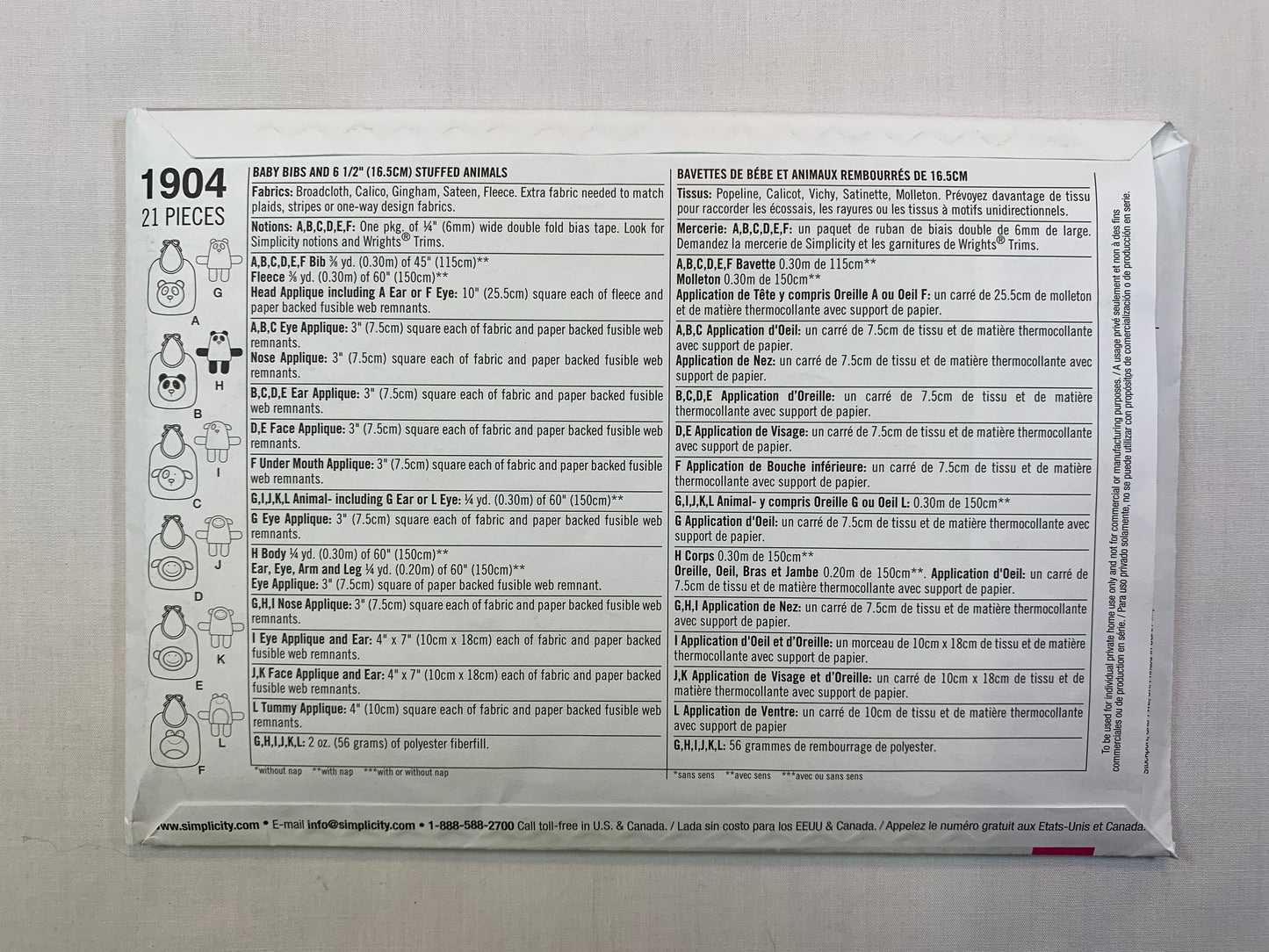 Simplicity Sewing Pattern 1904 Infants' Baby Bibs, 6 1/2" Stuffed Animals, Newborn, Uncut, 2012
