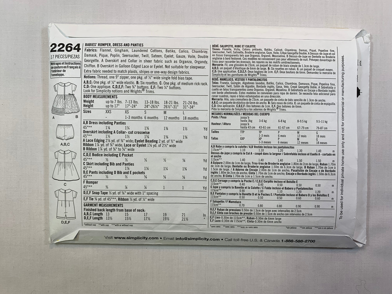 Simplicity Sewing Pattern 2264 Babies, Infants, Dress, Romper, Panties, Size 7-24 Pounds, Cut, 2010