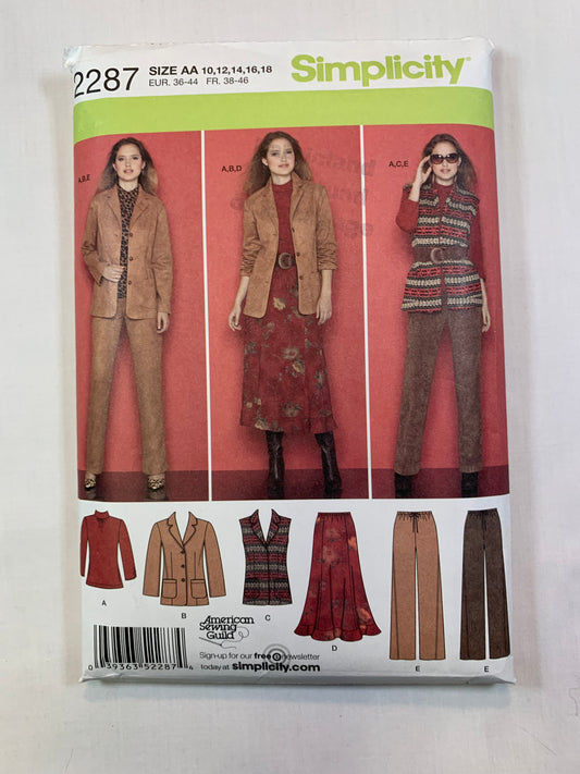 Simplicity Sewing Pattern 2287 Misses' Jacket, Vest, Skirt, Pants, Knit Top, Size 10-18, Cut, 2010