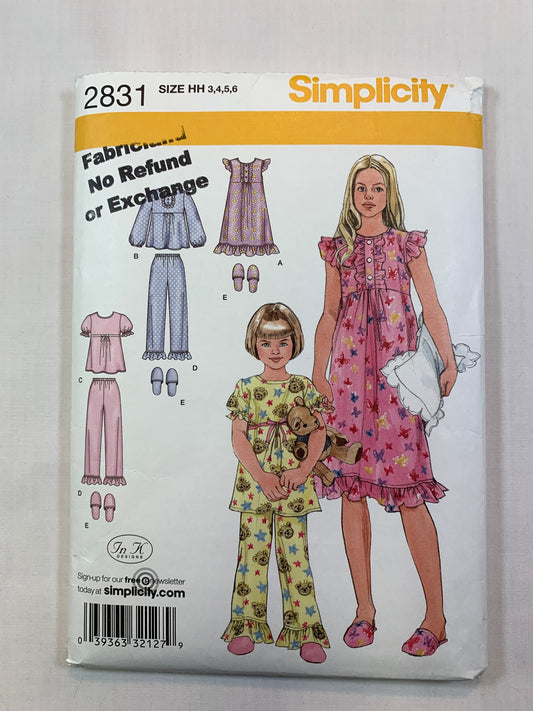 Simplicity Sewing Pattern 2831 Girls' Nightgown, Pajamas, Top, Pants, Nightshirt, Slippers, Size 3-6, Cut, 2008