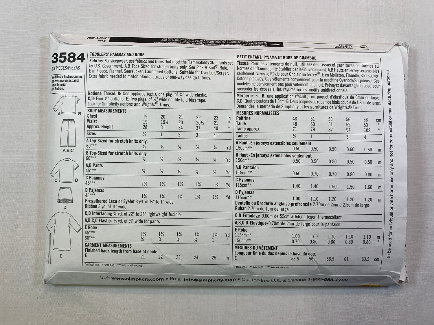 Simplicity Sewing Pattern 3584 Toddlers' Boy's, Girls' Pajamas, Robe, Top, Pants, Shorts, Size 1/2-4, Cut, 2007