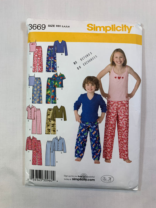 Simplicity Sewing Pattern 3669 Child's, Boys', Girls' Shirt, Pants, Knit Top, Tank Top, Loungewear, Size 3, Cut, 2007