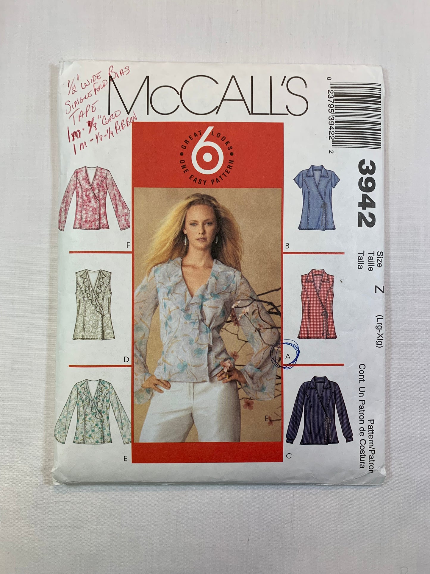 McCall's 3942 Misses' Tops, Size 20-22, Cut, 2003