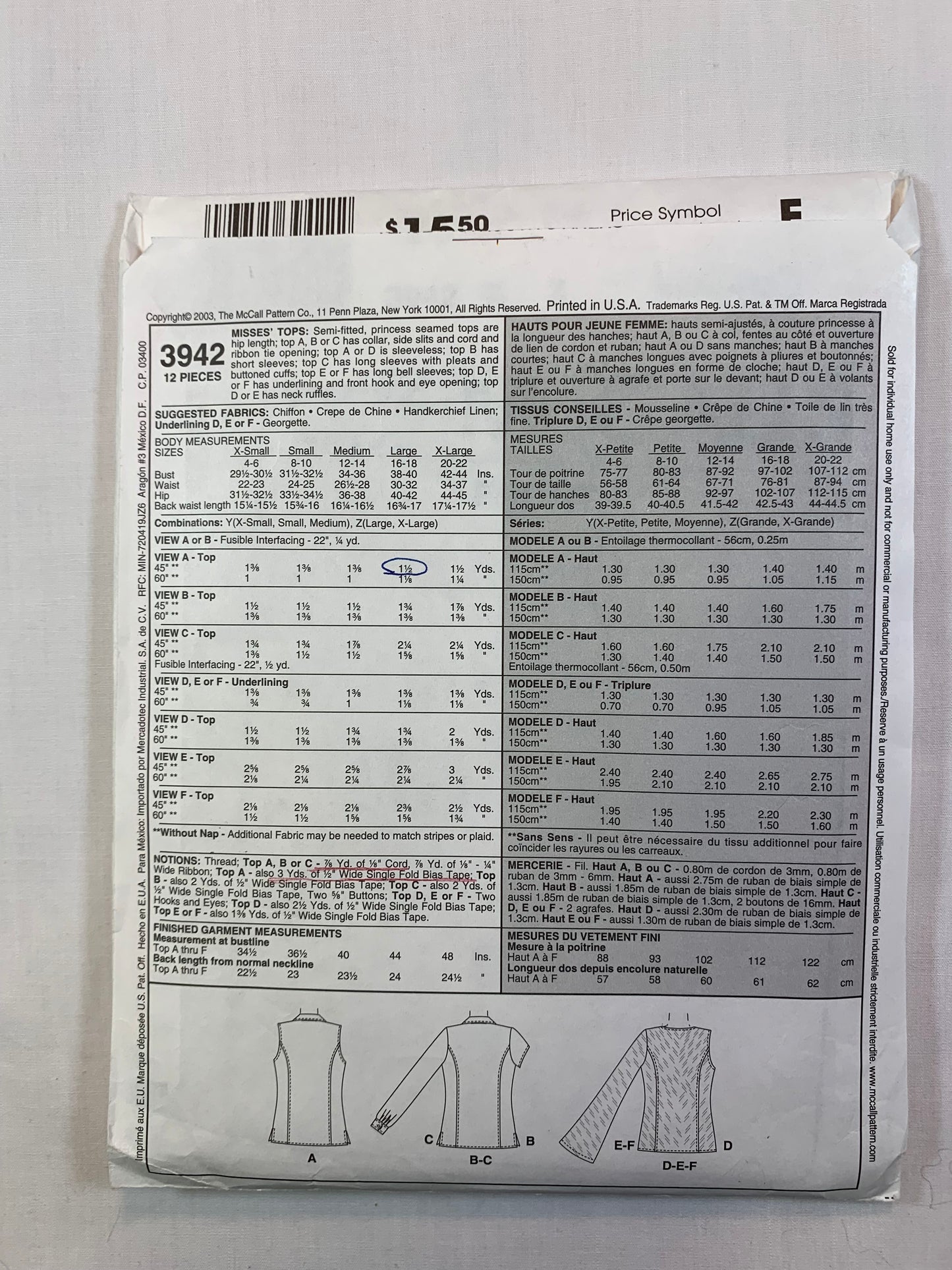 McCall's 3942 Misses' Tops, Size 20-22, Cut, 2003